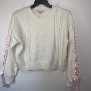 Forward Cropped White Cable Knit Sweater with Pink Ribbon Accents Valentines Day